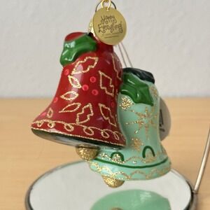 Happy Everything! Laura Johnson Bells Red Blue Shaped Glass Xmas Ornament Retro